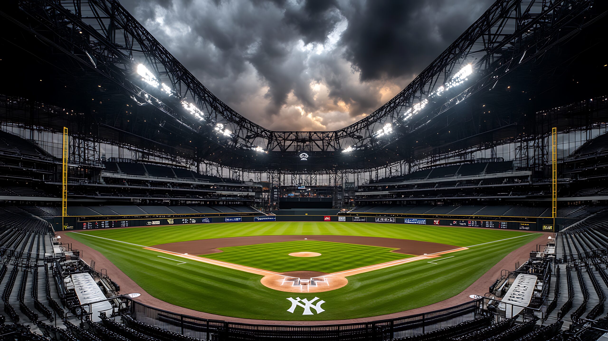 Empty baseball stadium field viewed from behind home plate, perfect for showcasing the best baseball gear